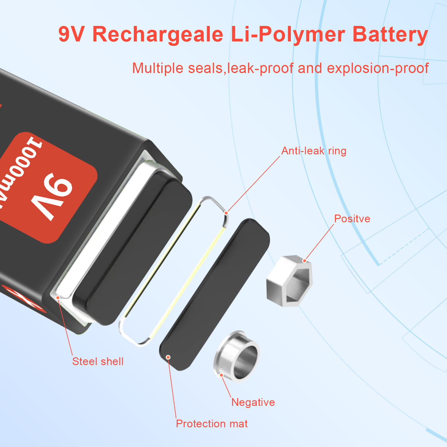 500mAh 800mAh 1000mAh 1200mAh 9V USB Rechargeable Battery