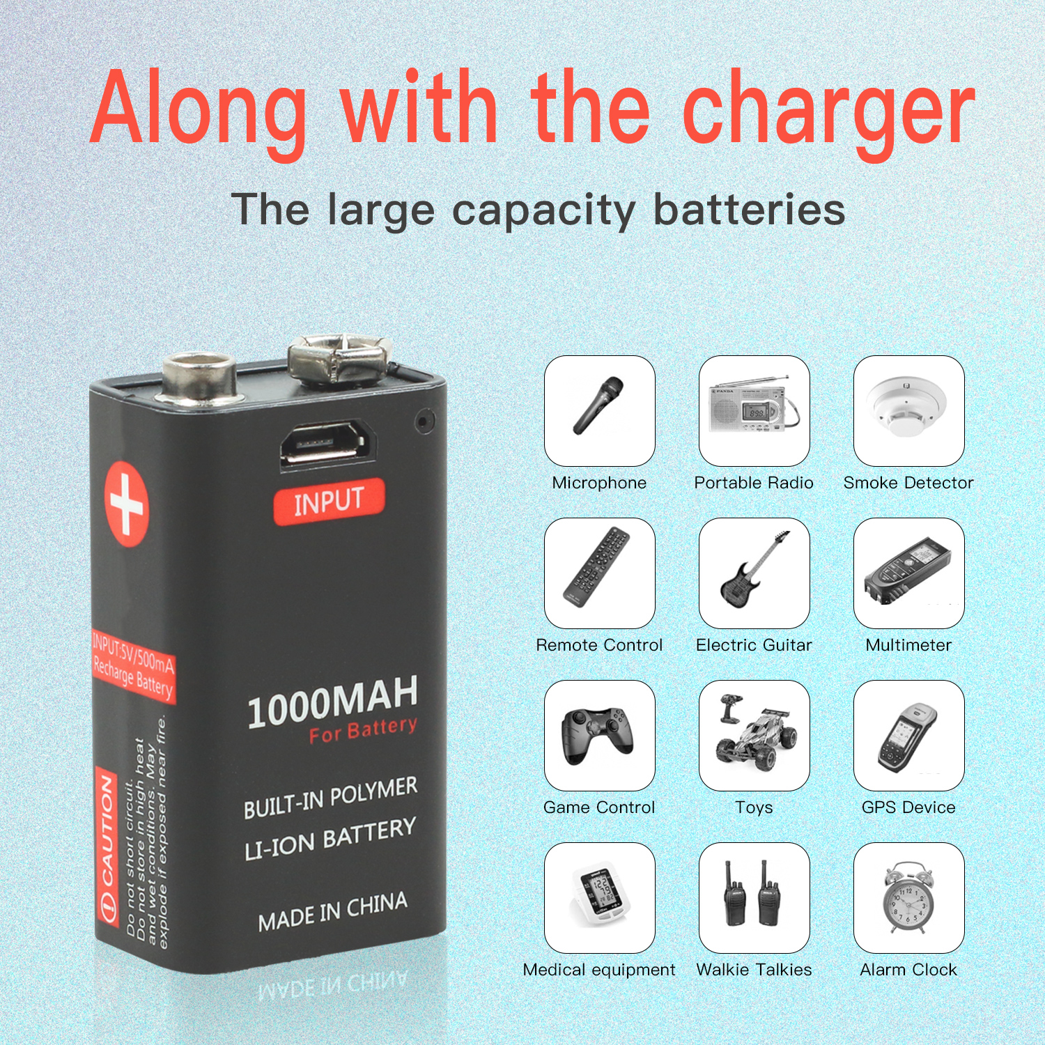 500mAh 800mAh 1000mAh 1200mAh 9V USB Rechargeable Battery