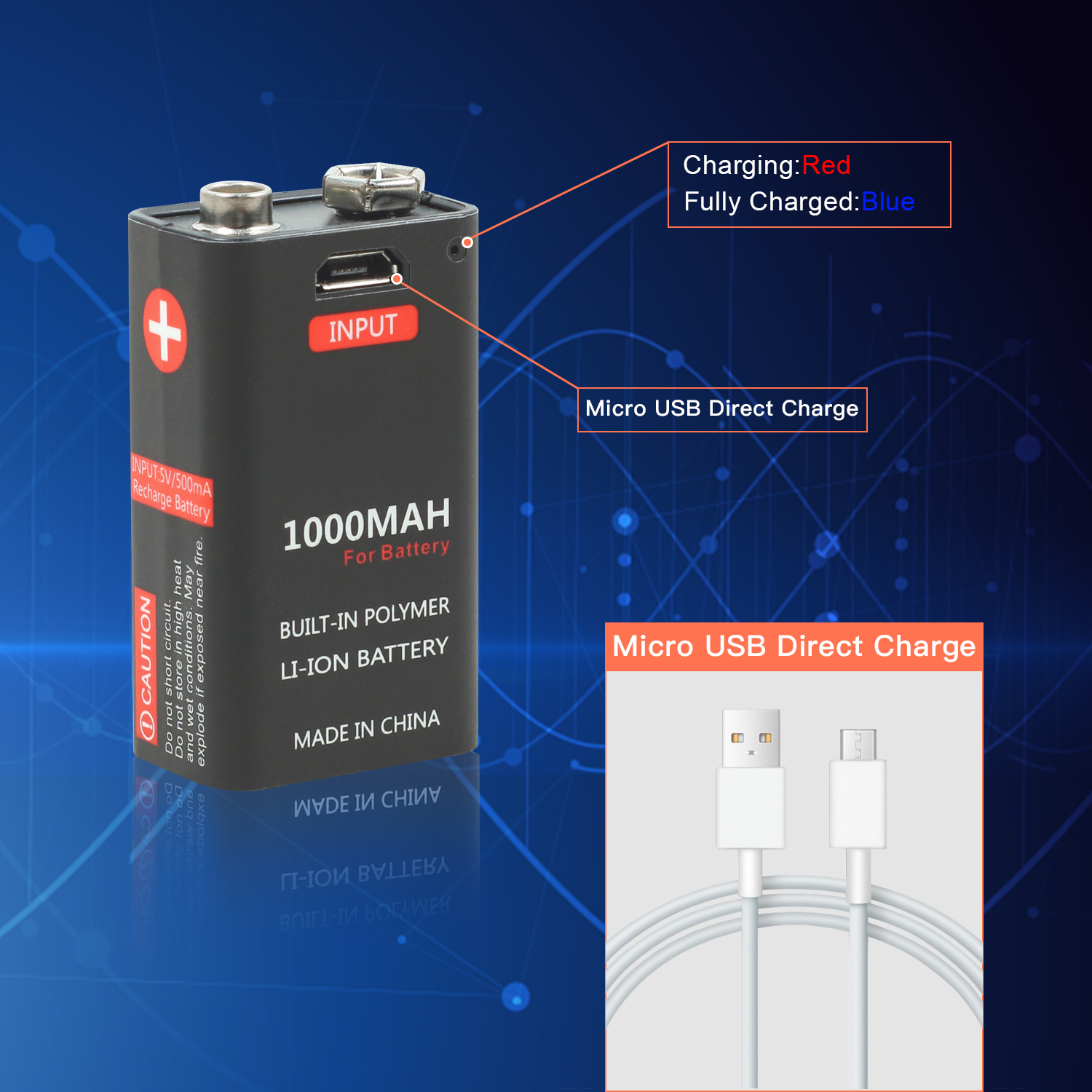 500mAh 800mAh 1000mAh 1200mAh 9V USB Rechargeable Battery