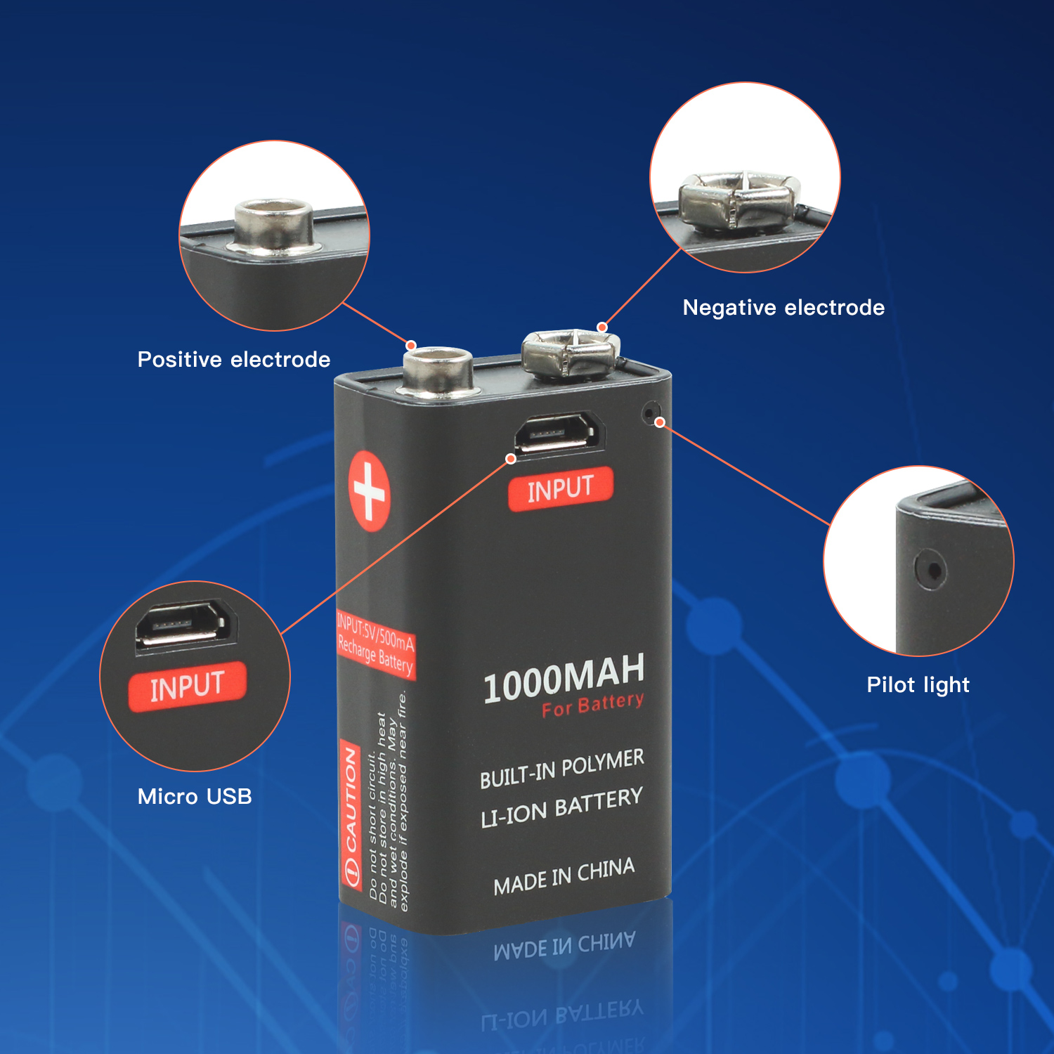 500mAh 800mAh 1000mAh 1200mAh 9V USB Rechargeable Battery