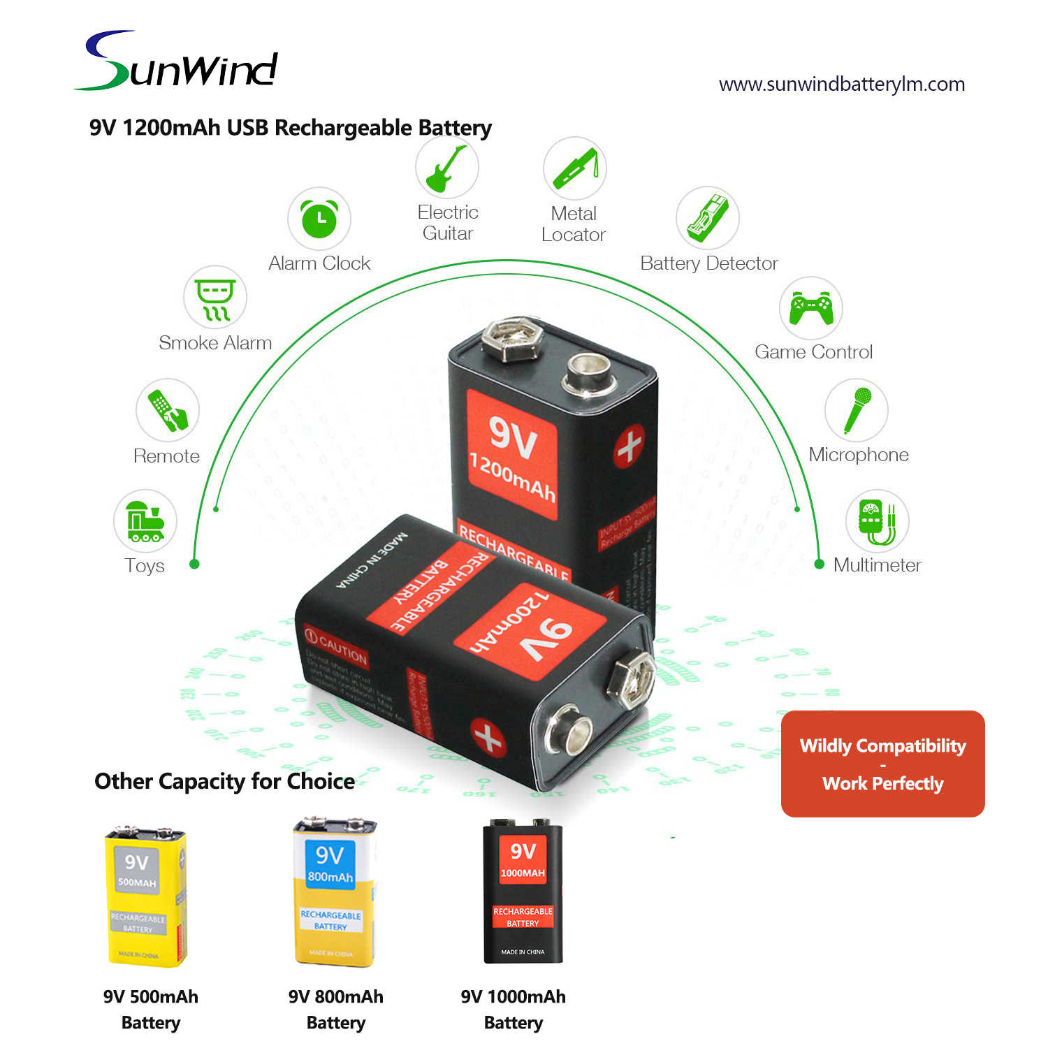 500mAh 800mAh 1000mAh 1200mAh 9V USB Rechargeable Battery
